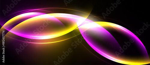 Bright abstract shapes overlap, creating luminous curves. Yellows, purples blend against dark background. Dynamic energy radiates.