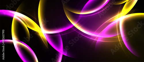 Abstract design features flowing curves, vibrant purple, gold hues against black background. Dynamic energy radiates from luminous shapes.
