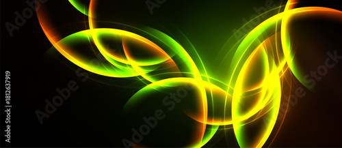 Abstract design features vibrant curves, glowing lines. Green, yellow, orange hues create dynamic visual effect. Dark background emphasizes luminosity.