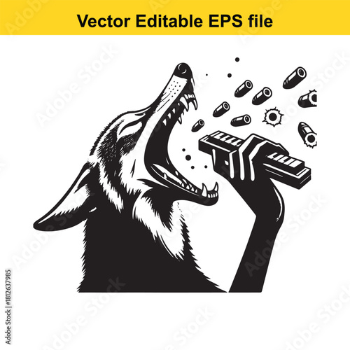 Wolf head howling into microphone with bullet shell ejecting