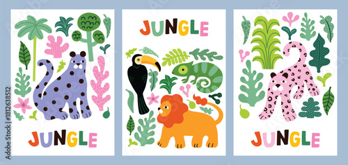Childish jungle poster with cute lion, chameleon, toucan, leopard. Jungle tropic leaves, bright colors. Perfect for fabric, textile, nursery posters, greeting cards.