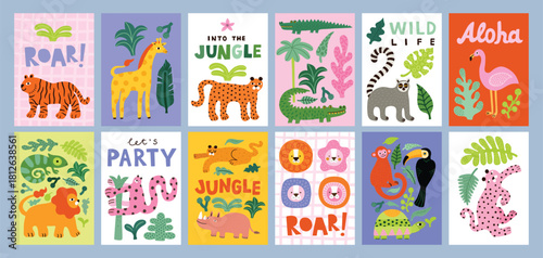 Childish tropical jungle poster with cute lion, tiger, crocodile, giraffe, leopard, toucan, turtle, flamingo, lemur, rhino, leaves. Perfect for fabric, textile, greeting cards big set, collection.