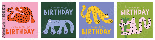 Set of birthday greeting cards with leopards, tropical animals, cheetah, jaguar. Happy birthday lettering, calligraphy. Bright funny quirky doodle style, simple pink, green, blue.