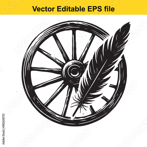 Black and white vector illustration of a wagon wheel and feather