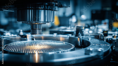 A precision semiconductor fabrication machine processing a wafer representing advanced manufacturing technology and microengineering.
