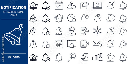 Notification and Alert System Vector Icons. Set of 40 editable stroke symbols for app alerts, reminders, and status updates. Includes bell states, warnings, and confirmations