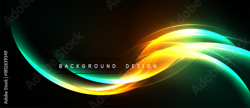 Abstract neon waves, vibrant colors, dark background. Dynamic flow, modern design, energy radiates from center. Smooth gradients create visual interest.