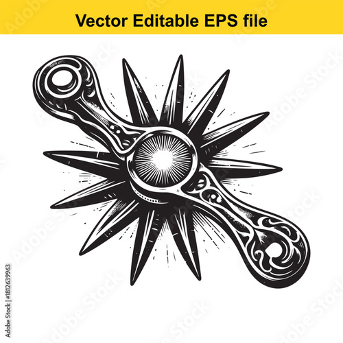Vintage western spur rowel starburst vector illustration isolated on