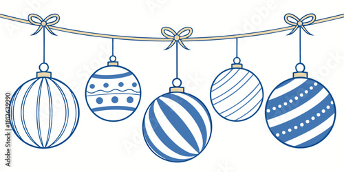 hand drawn blue line art christmas ornament balls hanging from rope garland with bows featuring geometric patterns stripes dots and waves in sketch illustration style