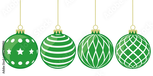four green christmas ornament balls with white patterns hanging on gold strings featuring polka dots stripes waves and lattice designs for festive holiday decoration