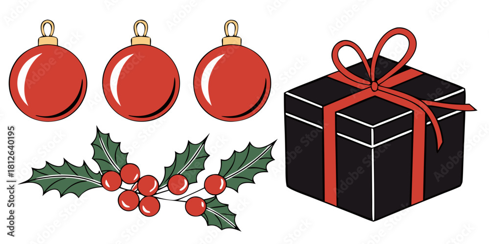 Obraz premium christmas holiday decoration set with red ornament baubles holly leaves berries and black gift box with red ribbon bow on white background