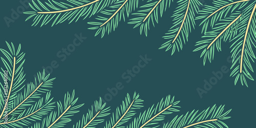 elegant evergreen pine branch frame border with delicate needles on dark teal green background winter holiday botanical decoration design