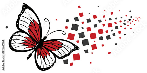 artistic butterfly with red black wings dissolving into geometric pixel squares digital dispersion trail transformation effect illustration design
