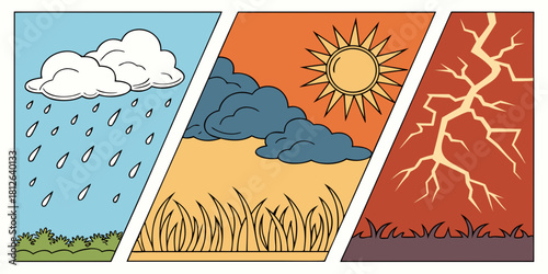weather climate triptych illustration showing rain clouds sunshine over wheat field and lightning storm across landscape panels vintage style poster