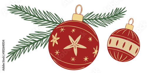 festive christmas red ornament balls with gold star patterns hanging from green pine branches holiday decoration set on white background