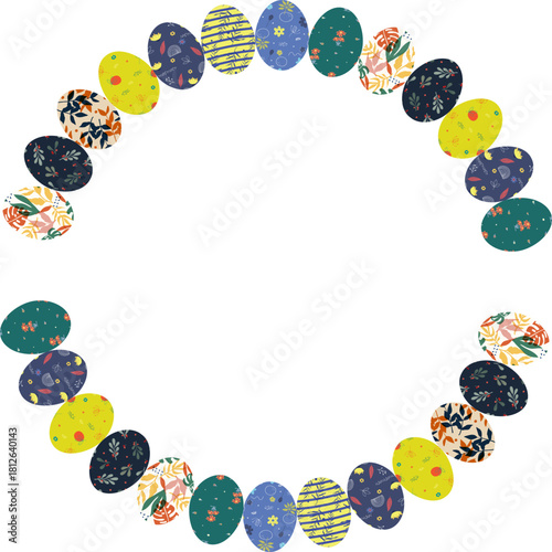 Painted Easter eggs frame with empty space. Copy space on transparent background. Easter egg hunt
