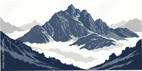 majestic mountain landscape with snow capped peaks rising above clouds and forested slopes scenic alpine wilderness panorama view