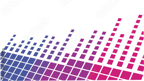 digital equalizer sound wave visualization with gradient blue purple pink squares forming dynamic audio frequency spectrum pattern on white background