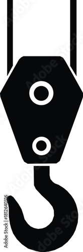 Industrial crane hook and pulley system depicted in a bold black silhouette.