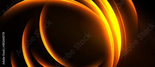 Abstract design features glowing orange lines, curves, shapes against black background. Dynamic composition creates modern visual effect.