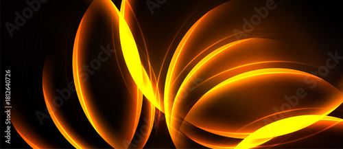 Abstract golden light streaks, flowing curves, dark background. Warm tones create dynamic visual effect. Energy radiates from center.