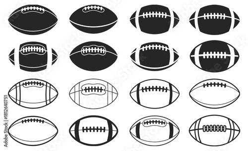 American football and rugby ball silhouettes, sports ball vector illustrations, SVG and digital graphics, American football and rugby concepts, isolated on white background, icons for apps, websites, 