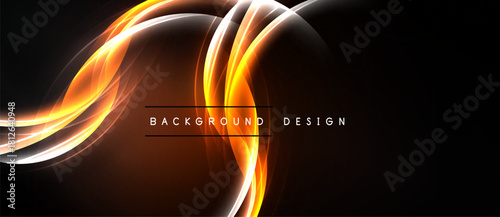 Abstract orange waves over black background. Dynamic light streaks create modern design element. Smooth curves suggest energy, motion.