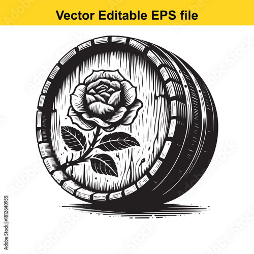 Vintage wood barrel end with engraved rose flower illustration