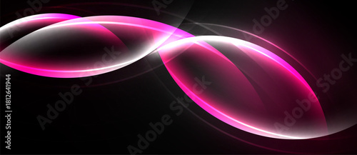 Abstract pink glowing shapes over black background. Smooth curves create dynamic visual effect. Modern design element.