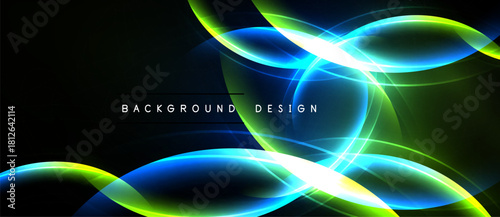 Abstract design features vibrant blue, green, white curves. Dark background enhances luminosity, creating dynamic visual effect.