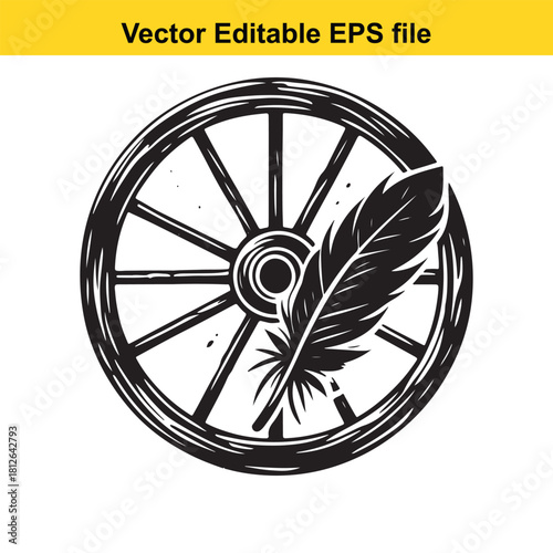 Black and white vector icon of wagon wheel with feather