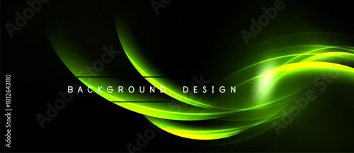 Abstract green waves flow across black space. Dynamic curves create luminous visual impact. Modern design element for backgrounds.