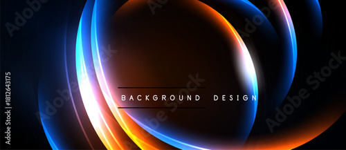 Abstract neon lights form curved shapes. Dark background emphasizes vibrant orange, blue glows. Modern design element for digital projects.