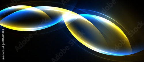 Abstract glowing shapes overlap, creating dynamic light effects. Blue, gold hues dominate dark background. Modern design element.