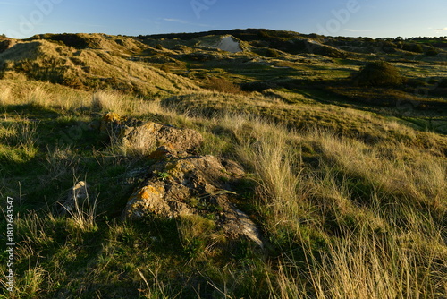 St Ouen's dunes, Jersey, U.K. Autumn sunny low sun landscape.