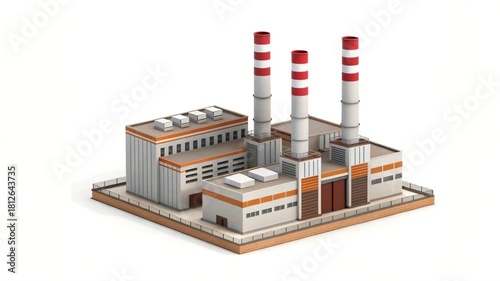 Isometric 3d model of a factory building with smokestacks isolated on white background motion animated video 4k