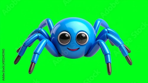 A cute, animated blue spider character with large expressive eyes and a friendly smile on a bright green background