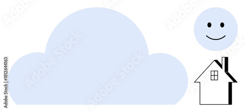 Large blue cloud next to smiling face and house with a chimney. Ideal for weather, home, happiness, optimism, simplicity, digital technology, sustainable living. Simple flat metaphor