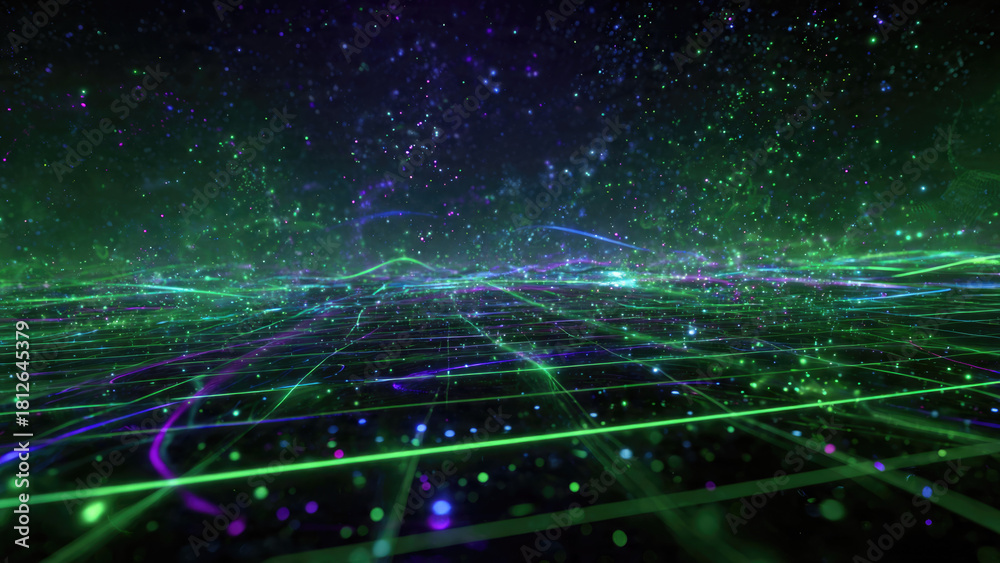 Obraz premium An abstract digital landscape showcasing glowing green and purple grid lines, dynamic data streams, and sparkling particles, symbolizing a futuristic network.