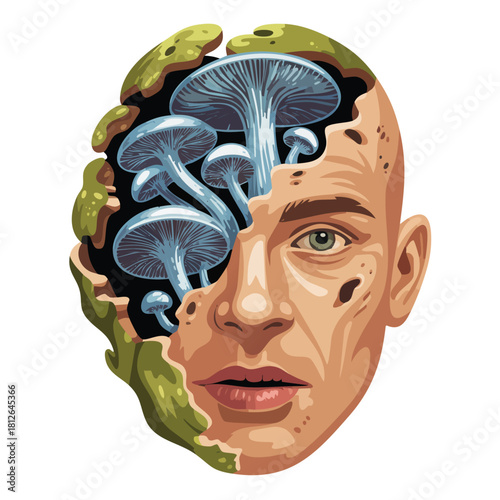 Surreal vector illustration of a man's face breaking away to reveal growing blue mushrooms inside his head.