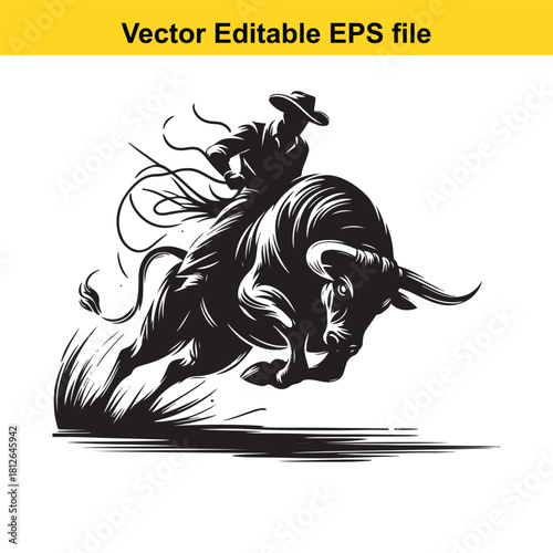 Black and white vector illustration of a cowboy riding a bull