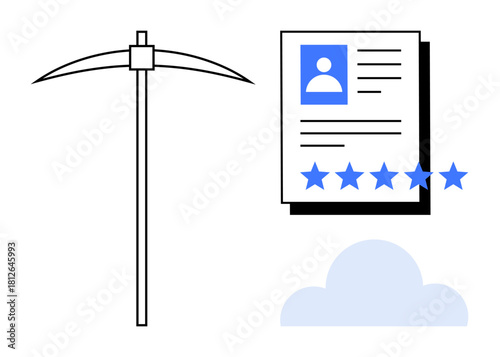 Job profile with star rating and pickaxe next to a cloud symbol. Ideal for recruitment, data mining, career development, online services, HR analytics, job hiring, digital platforms