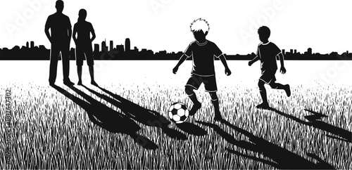 High-contrast vector silhouette of two boys playing soccer while parents observe. Design for youth sports programs, family fitness websites, or coaching materials. EPS version.