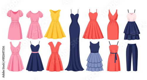 A set of stylish women's dresses presented as standalone fashion items in a flat vector illustration style