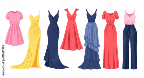 A set of stylish women's dresses presented as standalone fashion items in a flat vector illustration style