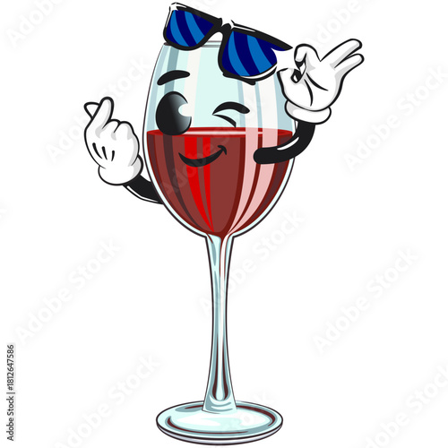cute wine glass mascot character with red wine slightly opening sunglasses while giving a sign of love, fun cartoon drink vector illustration, work of hand drawn