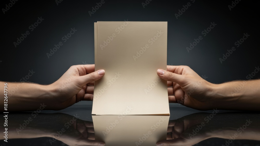 Fototapeta premium Two hands hold blank beige paper sheet upright holding