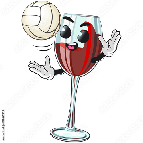 cute red wine glass mascot character Topping serve volleyball, funny cartoon vector illustration, work of hand drawn