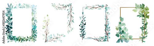 Rectangular frames decorated with green leaves and flowers borders, wedding invitation elements set watercolor isolated on transparent background