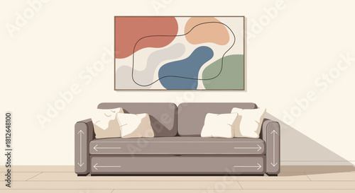 A gray couch with white pillows sits against a beige wall under a colorful abstract painting in a minimalist living room with a light wood floor and a clean, modern aesthetic.